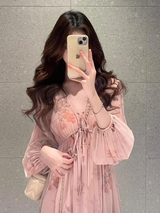 French Pink Floral Long Sleeve Maxi Dress Elegant V-Neck Plus Size Fairycore Gown gunne sax vintage dress