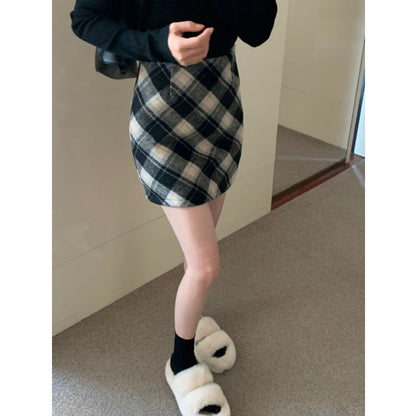 Plus Size Wool Plaid High Waist Skirt