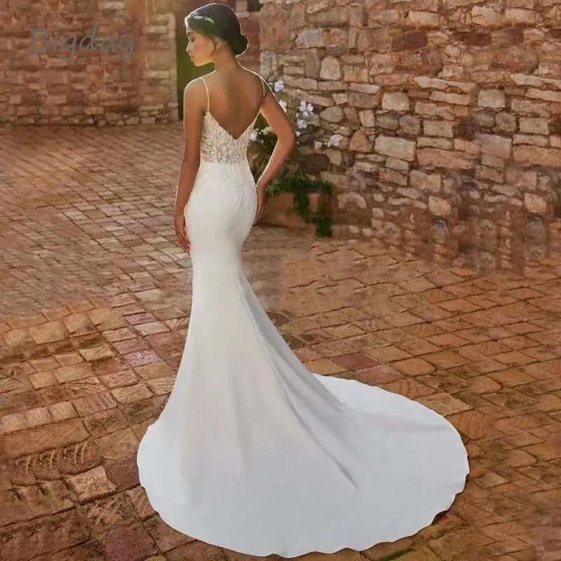 V-Neck Long Train Evening Wedding Dress