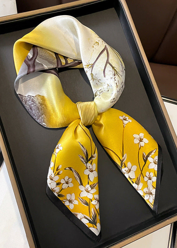 Aurielle Scenic Floral Silk Scarf – Yellow Square 70×70cm