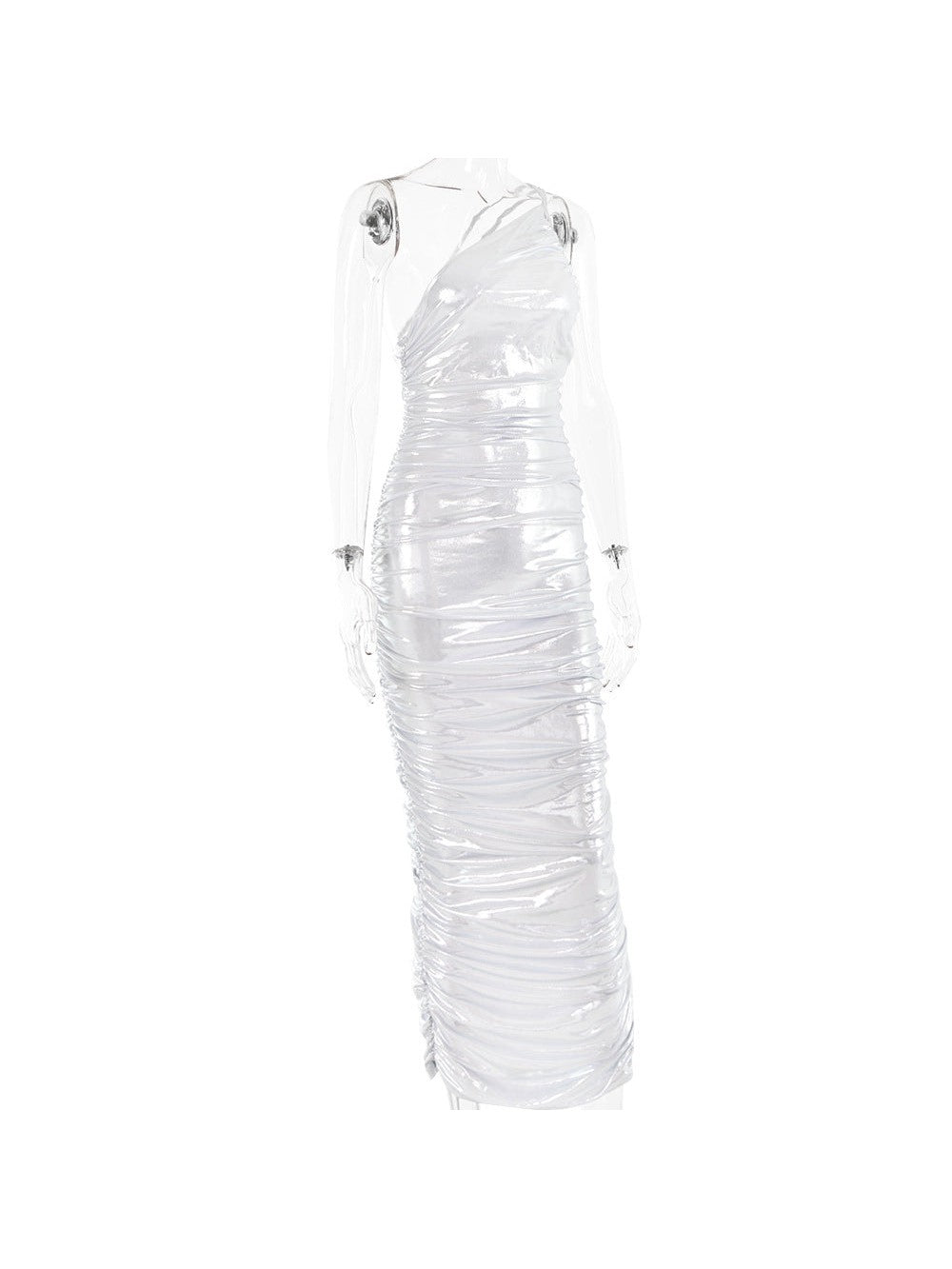 Metallic Coated One Shoulder Sheath Knitted Coated Dress