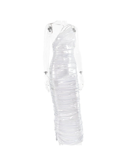 Metallic Coated One Shoulder Sheath Knitted Coated Dress