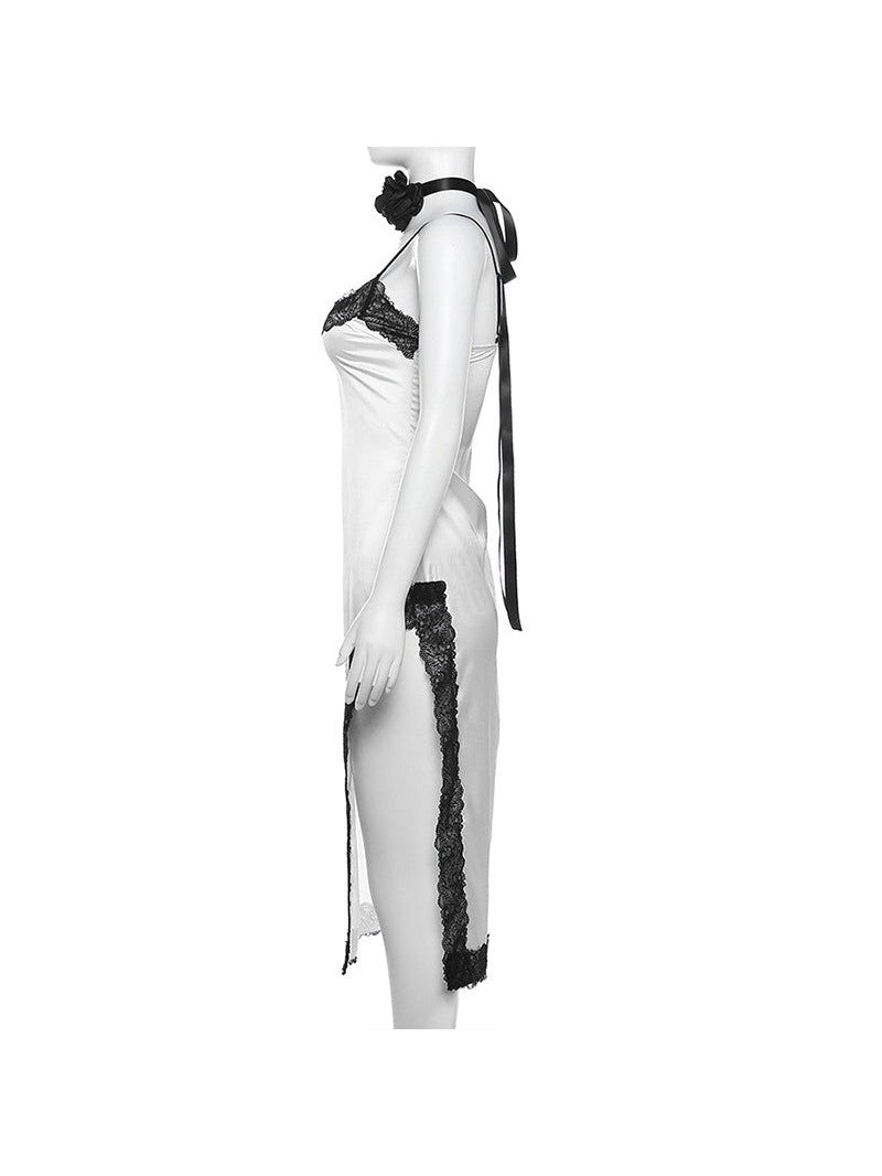 Tie Contrast Color Lace High Split Dress