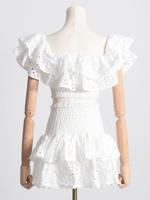 Embroidered Ruffle Crop Top & Short Skirt Coord Set