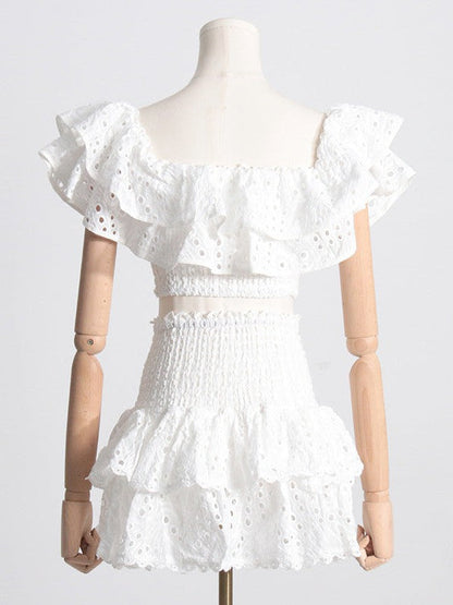 Embroidered Ruffle Crop Top & Short Skirt Coord Set