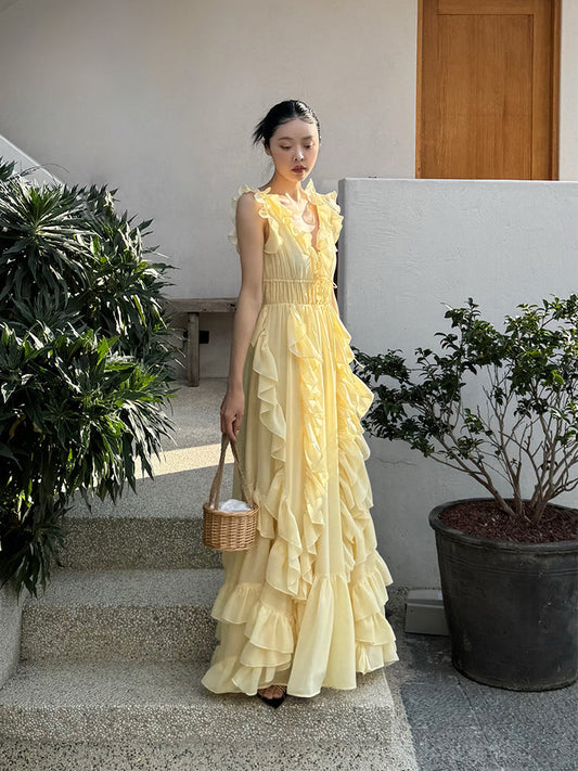 Sunset Ruffle Asymmetrical Maxi Dress Romantic Flowy Vacation Look gunne sax vintage dress