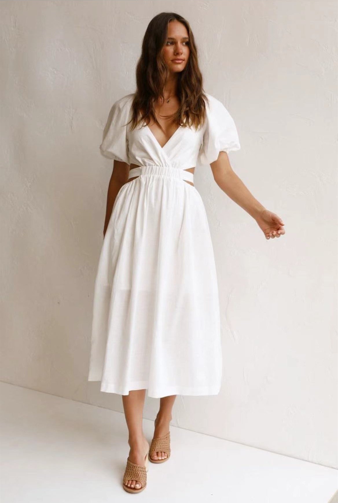 Deep V-Neck Puff Sleeve Side Cut Out Smocked Waist A-Line Midi Dress