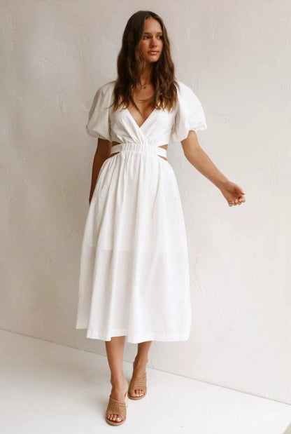 Deep V-Neck Puff Sleeve Side Cut Out Smocked Waist A-Line Midi Dress