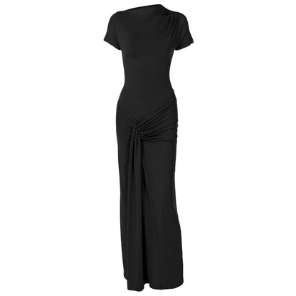 Short sleeve ruched lace up maxi dress