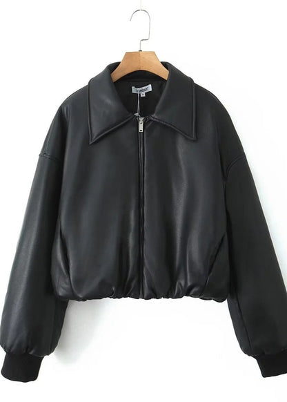 Luna - Cropped Faux Leather Bomber Jacket