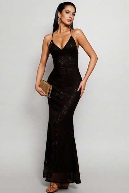 Gaiwan Black V-Neck Sequinned Maxi Dress