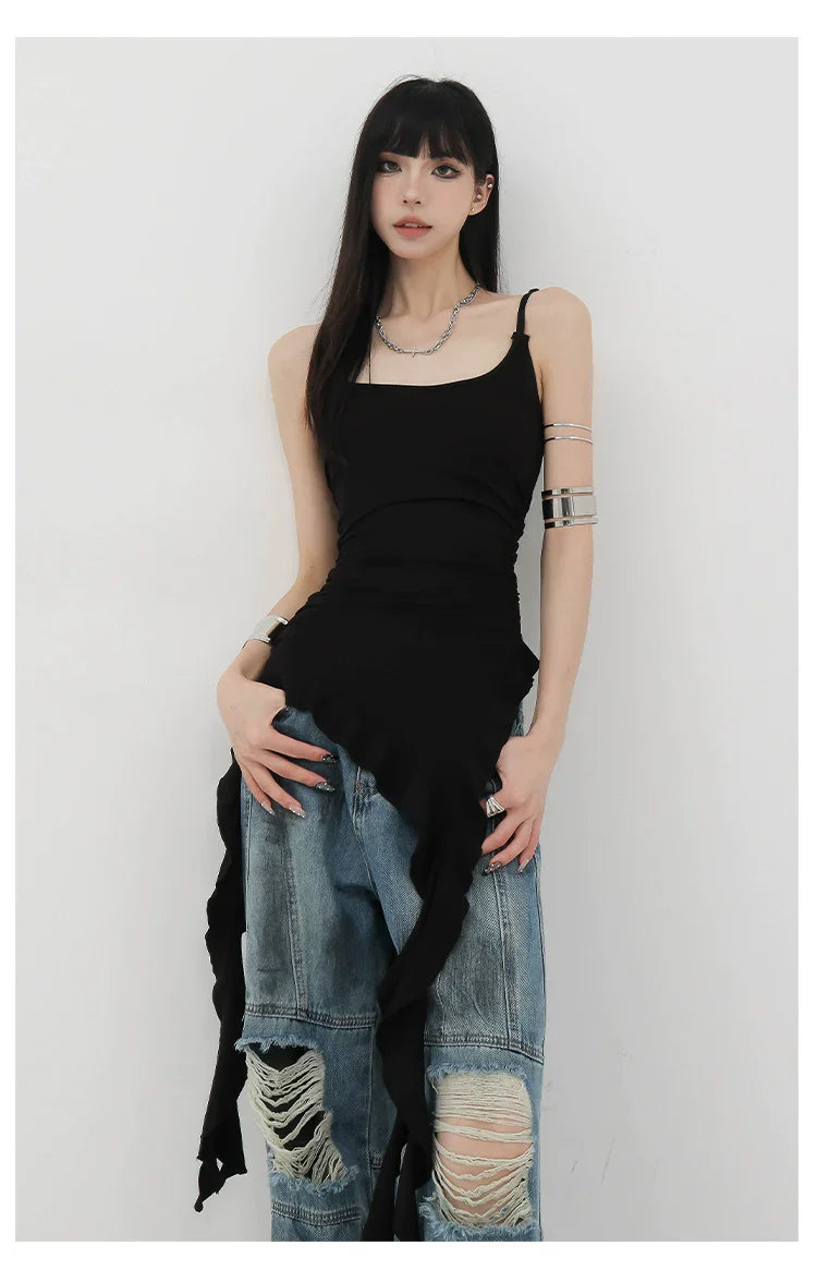 Black Asymmetric Ribbon Strap Tank Top With Ruffle Edge Design
