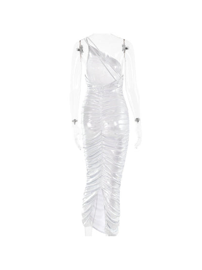 Metallic Coated One Shoulder Sheath Knitted Coated Dress