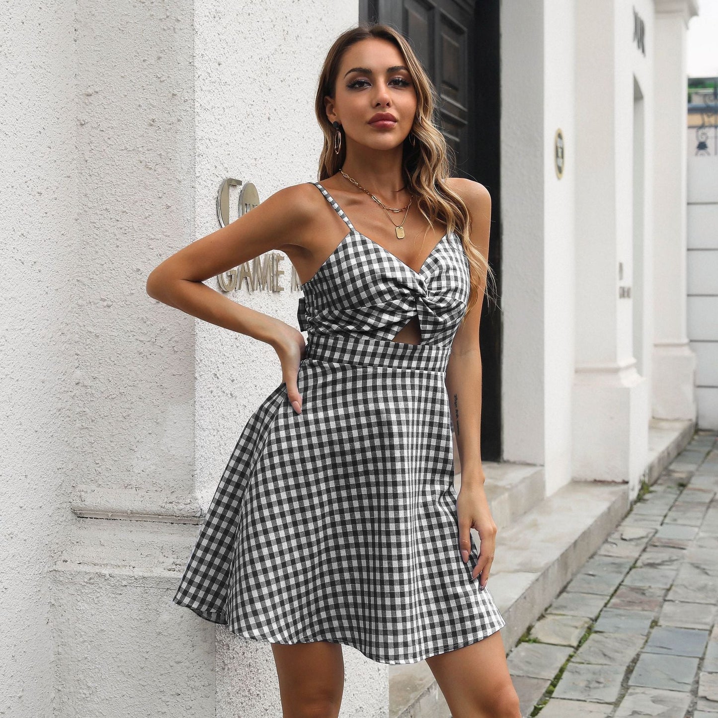 Gingham Check Twist Bust Cutout Fit and Flare Mini Dress