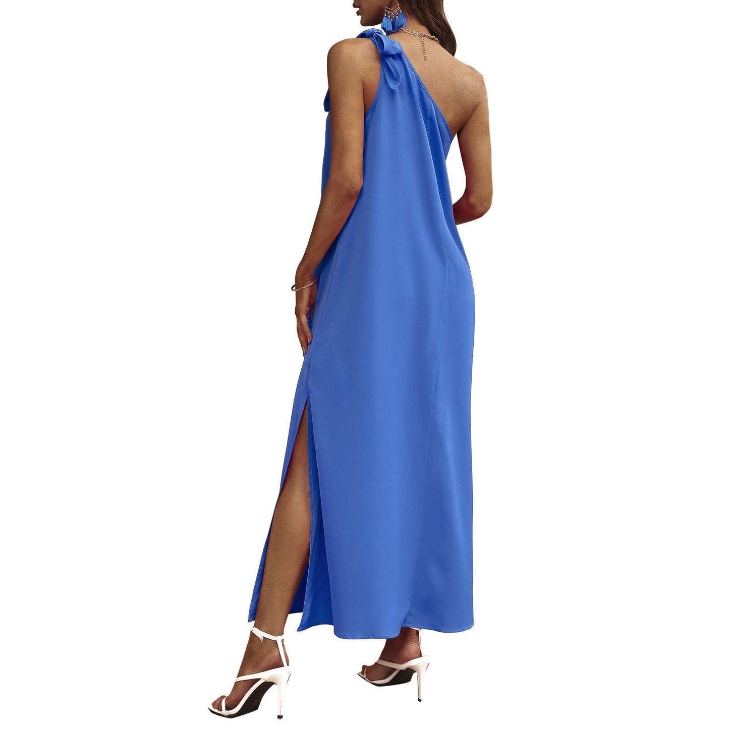 One Shoulder Bow Tie Side Slit Maxi Dress