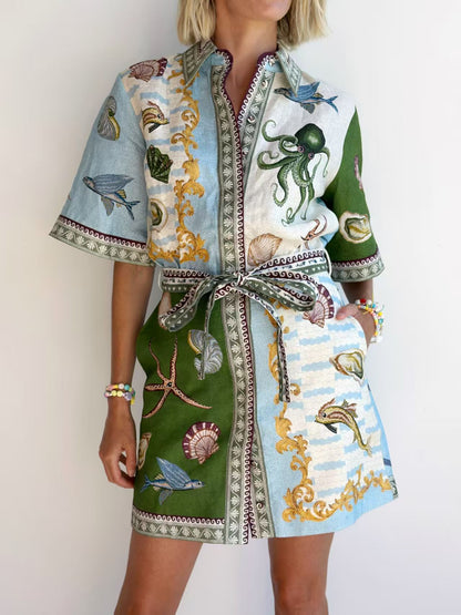 Deep Sea Dreaming Linen Blend Unique Print Tie-up Pocketed Shirt Mini Dress