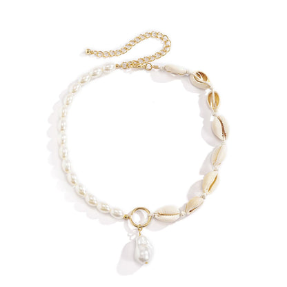 Faux pearl pendant shell choker necklace