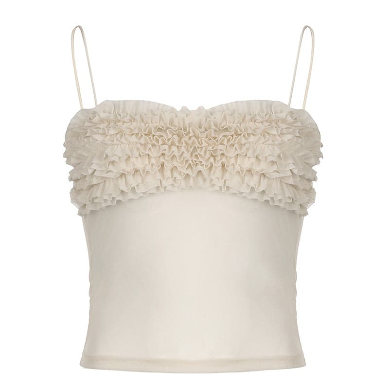 Ruched ruffle sheer mesh cami top