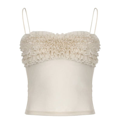 Ruched ruffle sheer mesh cami top