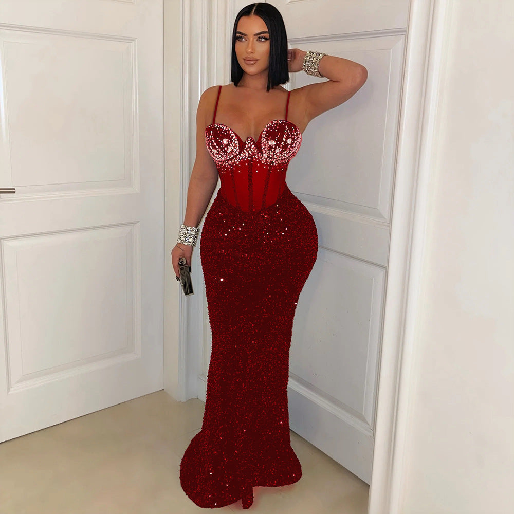 Rhinestone Sweetheart Mesh Corset Bodice Sequin Mermaid Maxi Gown