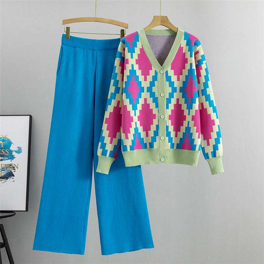 Blue - Knitted Cardigan Jacket Two Piece Set