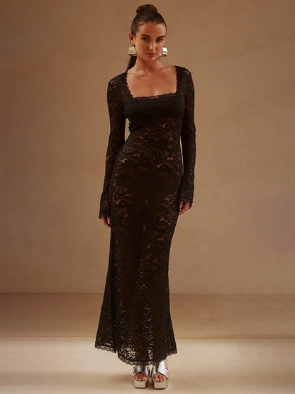 Lace Stitching See through Long Sleeve Square Neck Sheath Dress