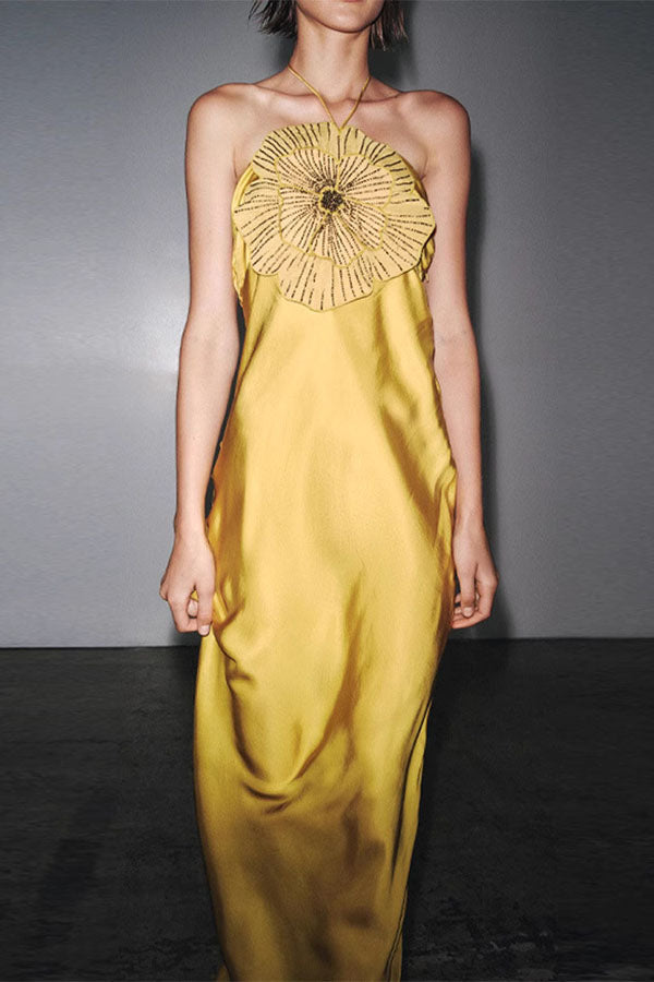 Fashionable Beaded Large Flower Decoration Halter Neck Backless Maxi Dress