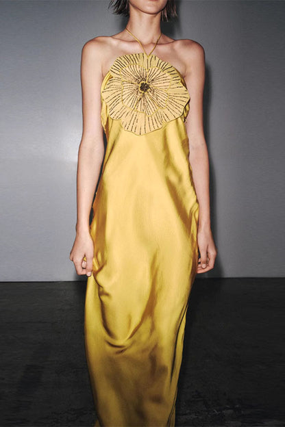 Fashionable Beaded Large Flower Decoration Halter Neck Backless Maxi Dress