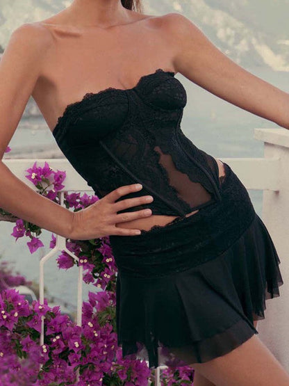 Lace See Through Bandeau Top & Ultra Short Skirt Coord Set