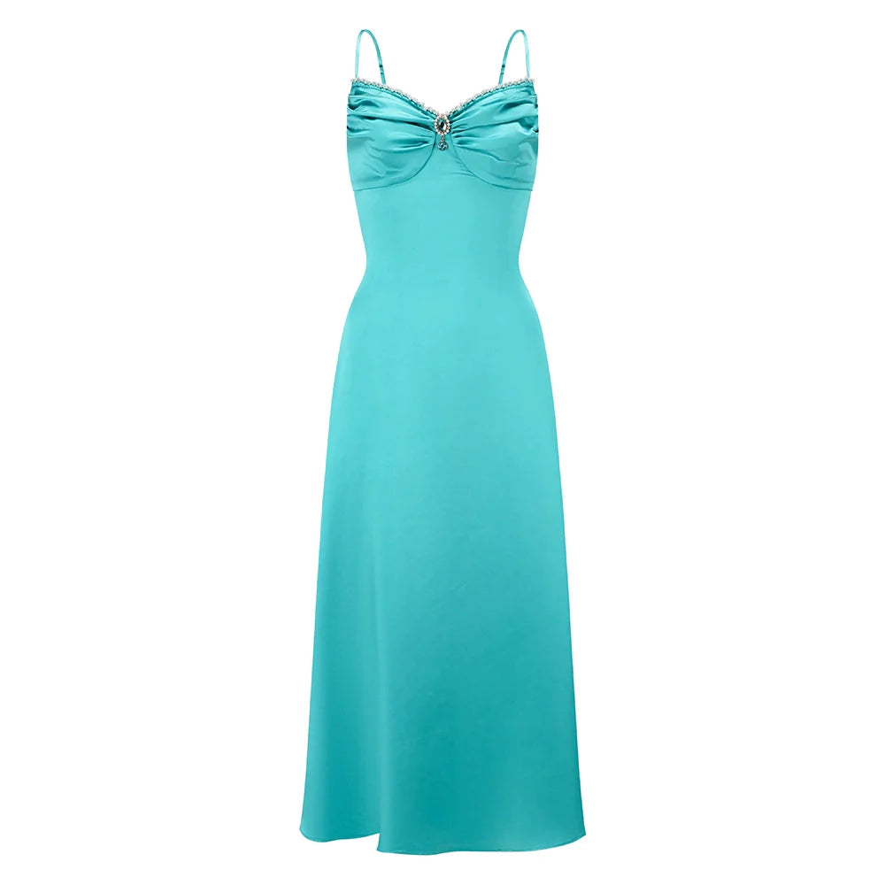 Sapphire Blue Vintage Satin Slip Dress Elegant French-Style Vacation Gown