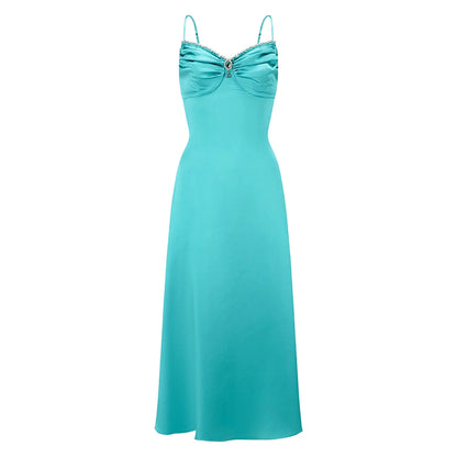 Sapphire Blue Vintage Satin Slip Dress Elegant French-Style Vacation Gown