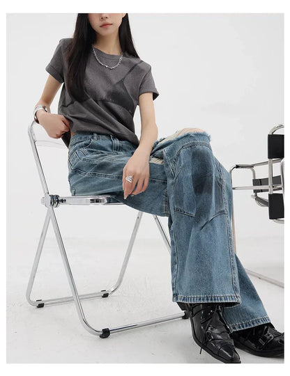 Vintage Distressed And Dirt-Dyed Patchwork Wide-Leg Jeans