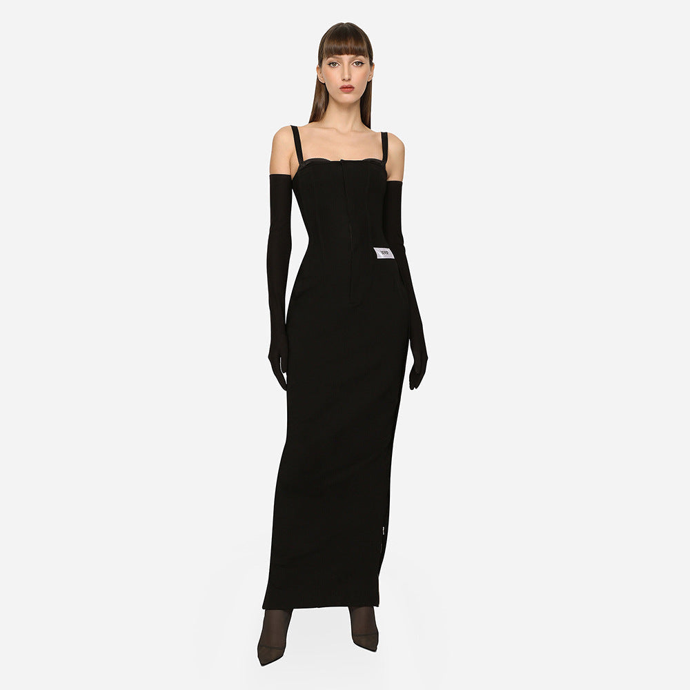 Corset Square Neck Spaghetti Strap Column Maxi Dress with Opera Gloves