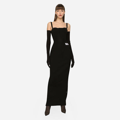 Corset Square Neck Spaghetti Strap Column Maxi Dress with Opera Gloves