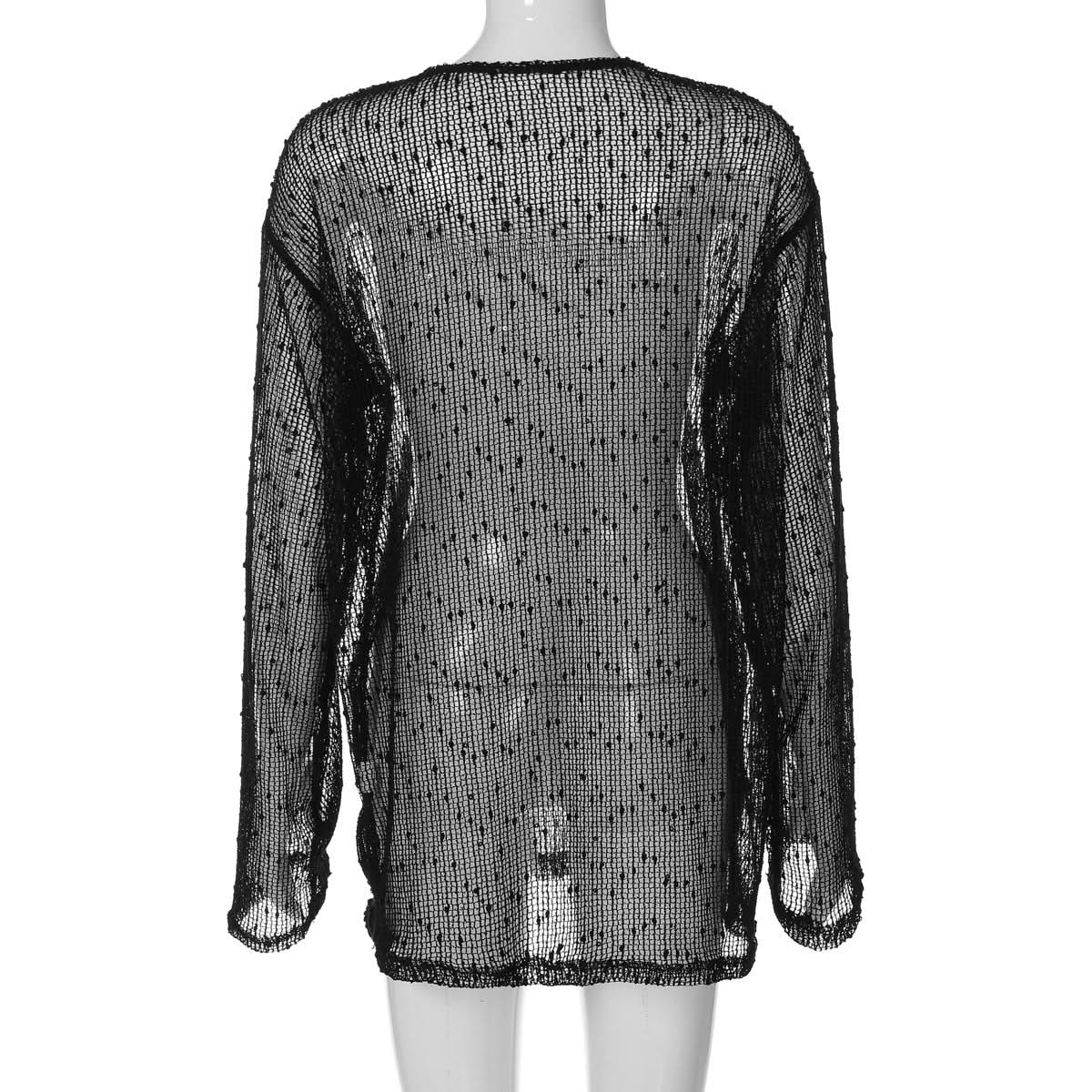Long sleeve crewneck hollow out see through cut out top