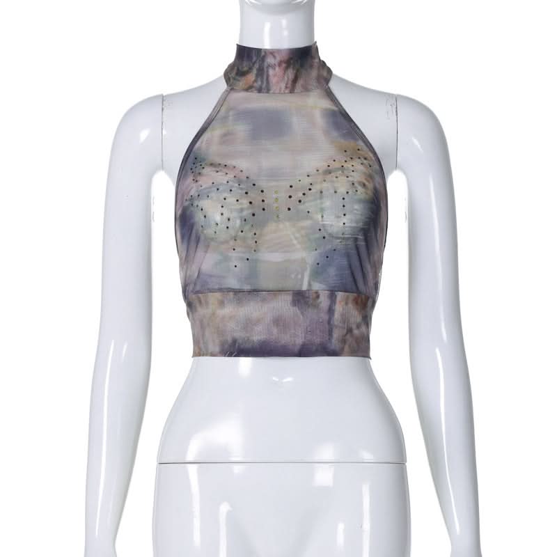 Halter beaded mesh self tie print backless top