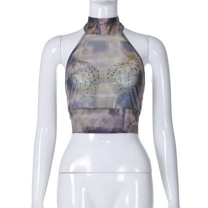 Halter beaded mesh self tie print backless top