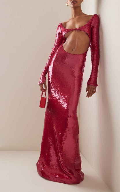 Sheer Panel Beaded Slit Prom Dress