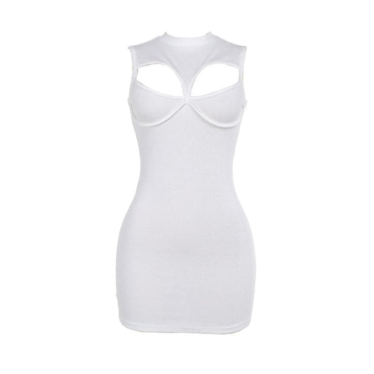 Crewneck sleeveless hollow out ribbed cut out mini dress