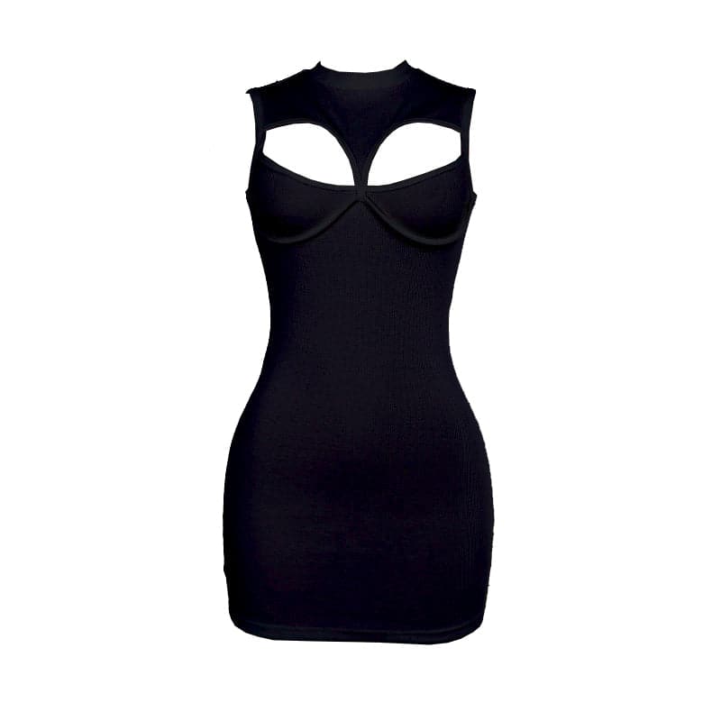 Crewneck sleeveless hollow out ribbed cut out mini dress