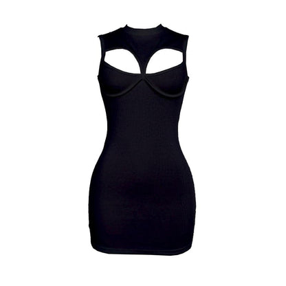 Crewneck sleeveless hollow out ribbed cut out mini dress