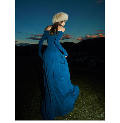 French Klein Blue Off-Shoulder Slim Dress