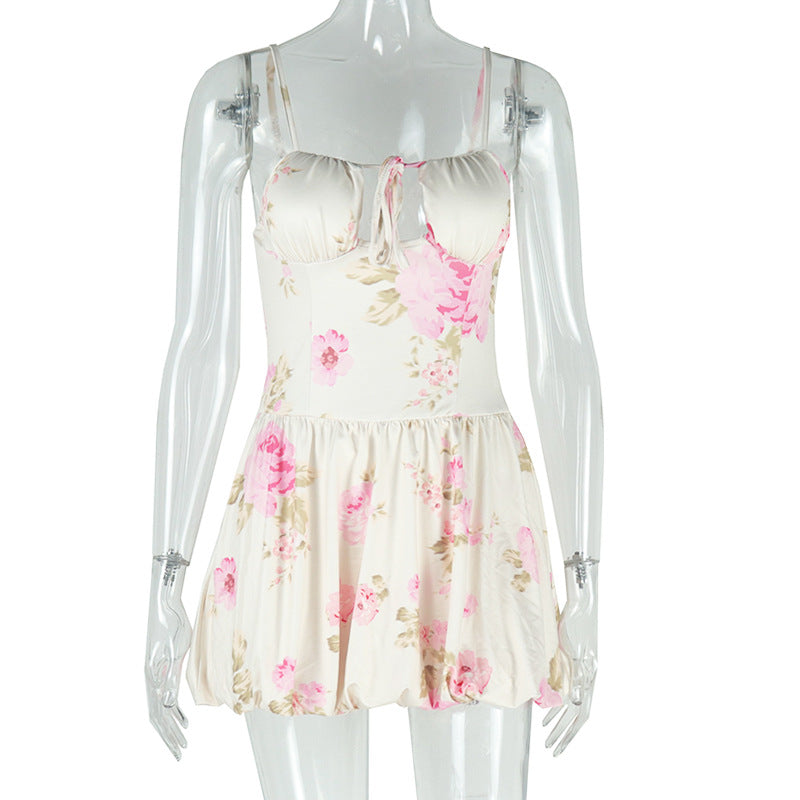 Floral Print Spaghetti Strap Bubble Hem Corset Tie Front Mini Dress
