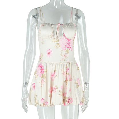 Floral Print Spaghetti Strap Bubble Hem Corset Tie Front Mini Dress