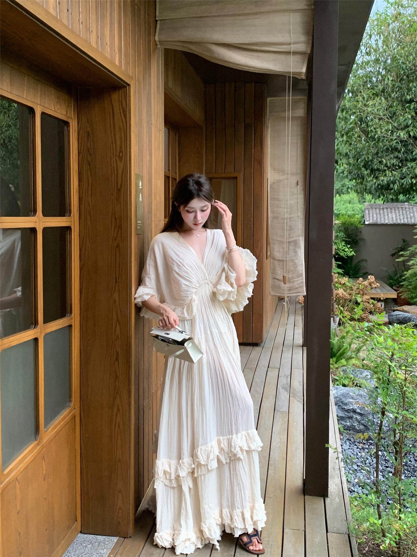 Tailande Linen Maxi Dress V-Neck Ruffle Goddess Gown with 10-Meter Full Hem