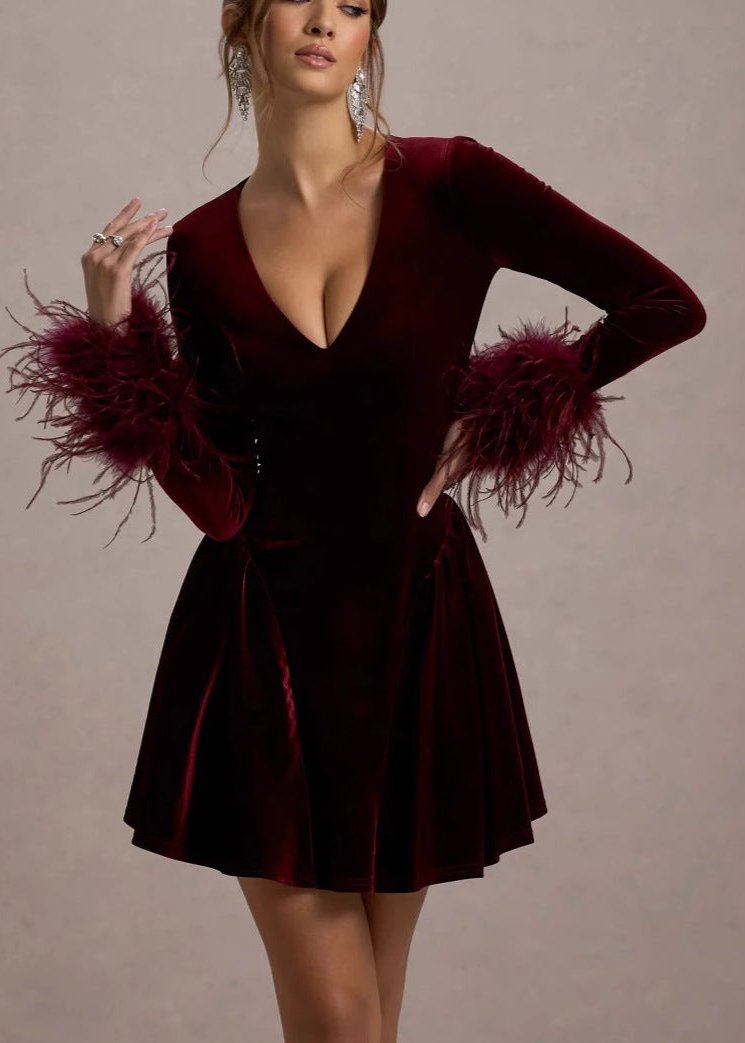Valeria - Velvet Feather Cuff Mini Dress