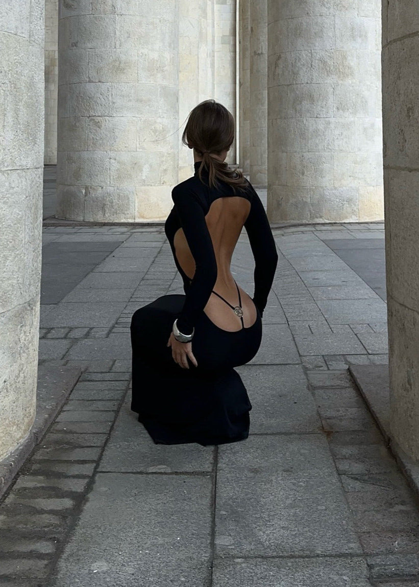 Noir Eclipse - Backless Turtleneck Maxi Dress