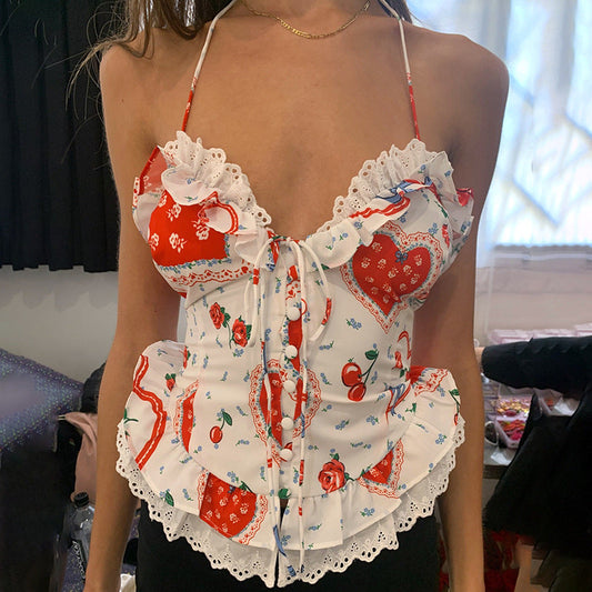 Hailey Ruffle Heart Print Halter Top
