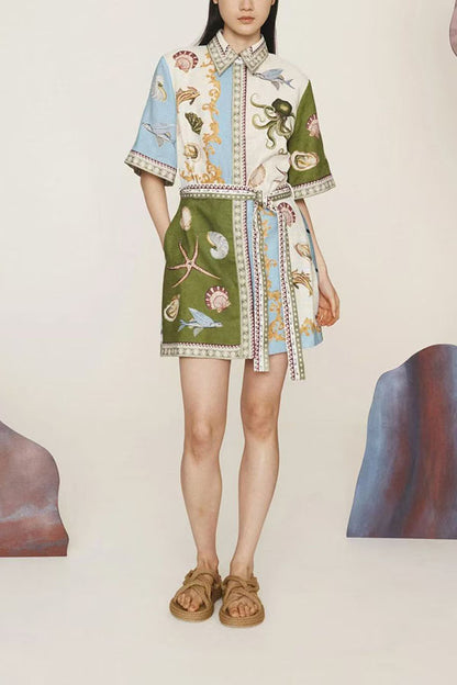 Deep Sea Dreaming Linen Blend Unique Print Tie-up Pocketed Shirt Mini Dress