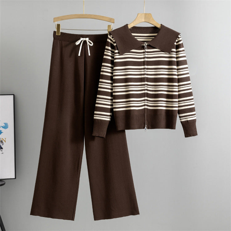 Coffee - Casual Wide-Leg Knitted Two Piece Set